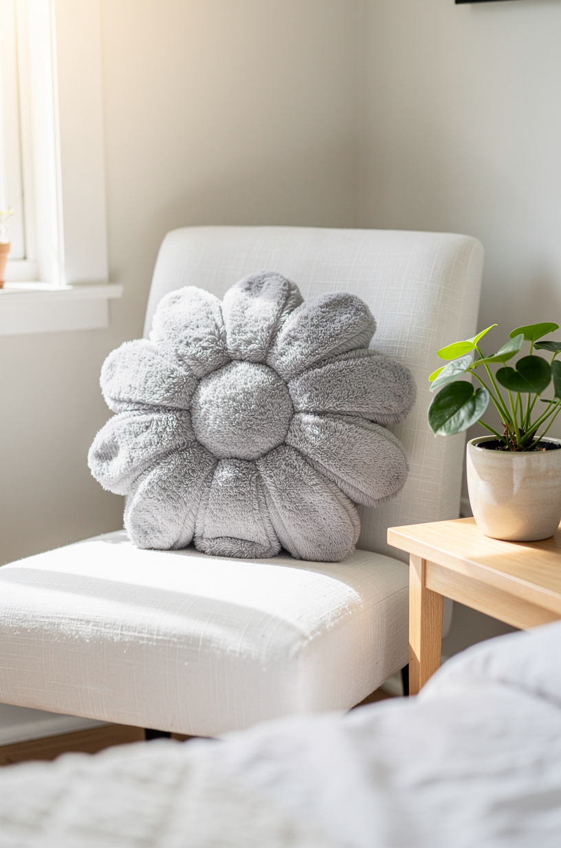 Soft grey daisy-shaped plush flower cushion pillow on a white linen accent chair, fluffy petals, pastel grey tones, preppy aesthetic bedroom corner with plants, warm natural light