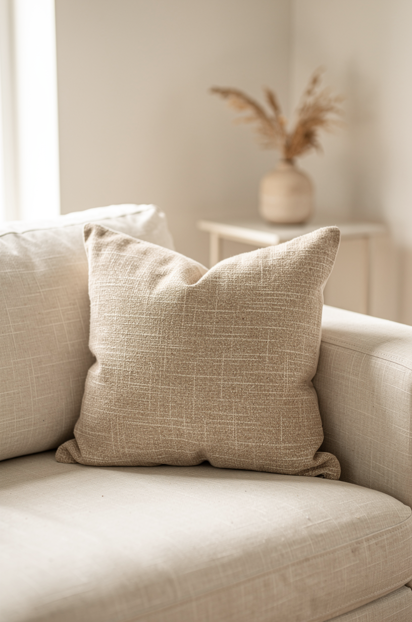 Aesthetic textured decorative cushion pillow on a cream linen sofa, subtle modern design, warm natural light, cozy minimalist interior