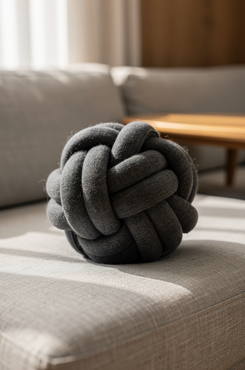 Dark grey knot ball plush pillow on a modern sofa, handmade knotted texture, cozy living room setting, warm natural light