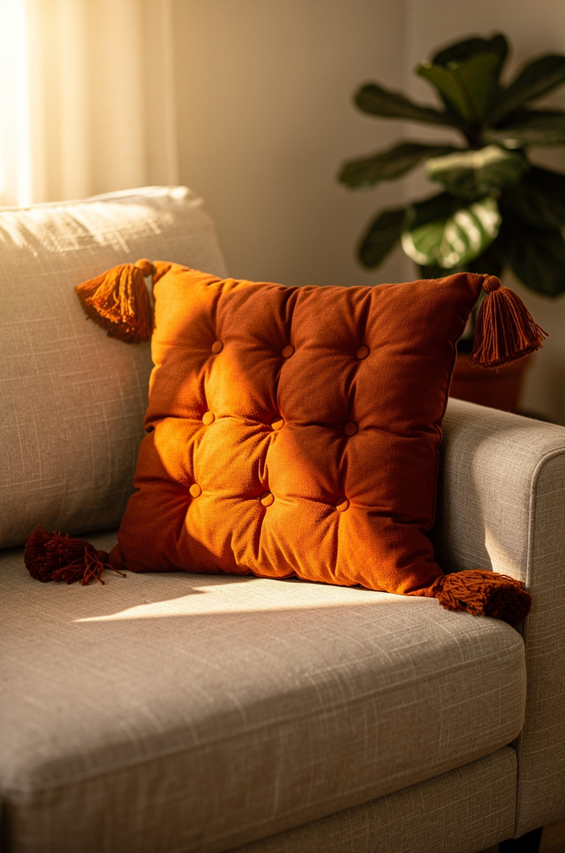 Burnt orange boho tufted throw pillow with handmade tassels on a natural linen sofa, potted plant nearby, warm afternoon golden hour light, editorial interior photography