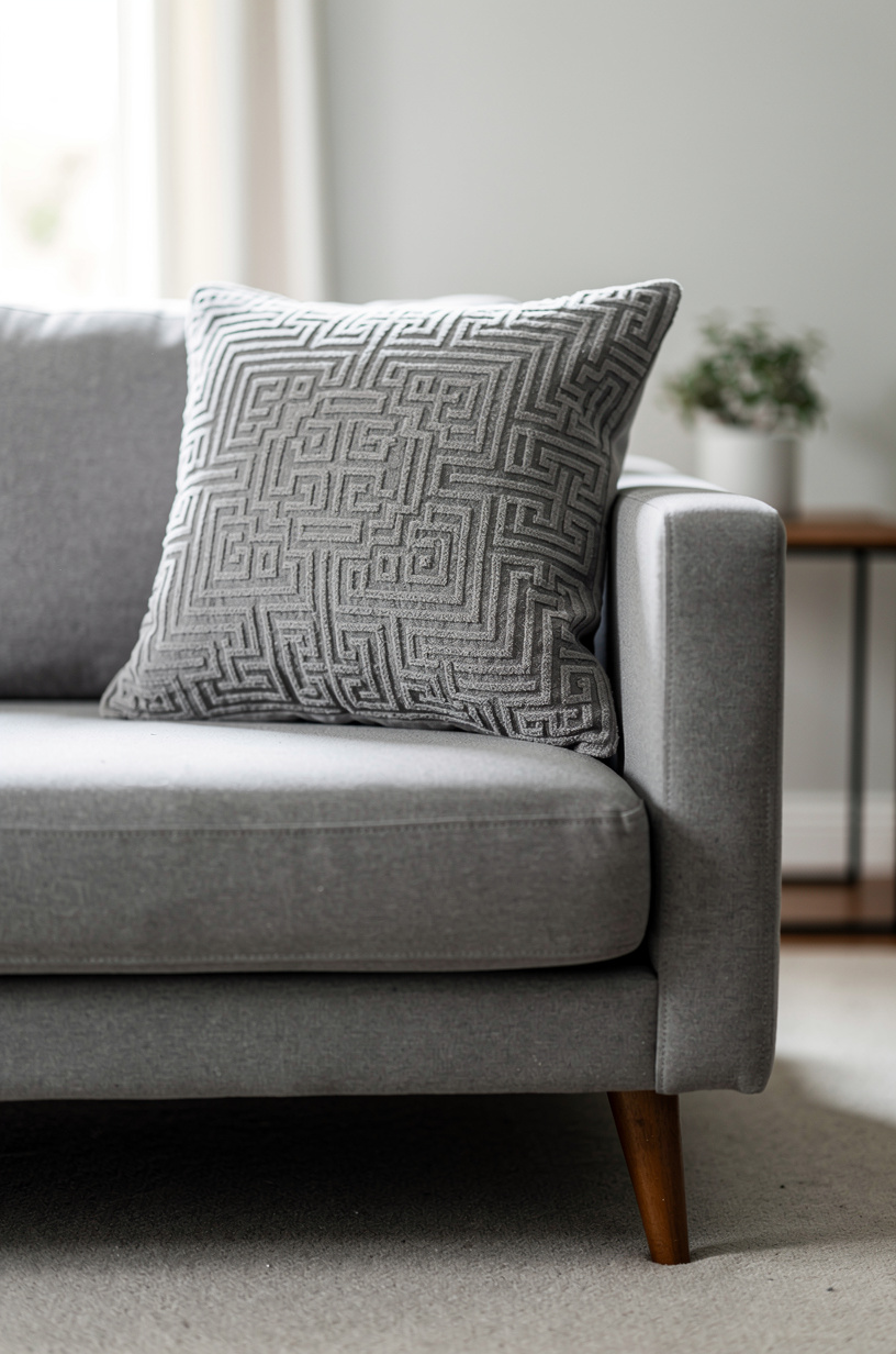 Gray embroidered geometric maze pattern throw pillow on a mid-century modern sofa, clean lines, soft natural light, interior styling photography Canon EOS R5