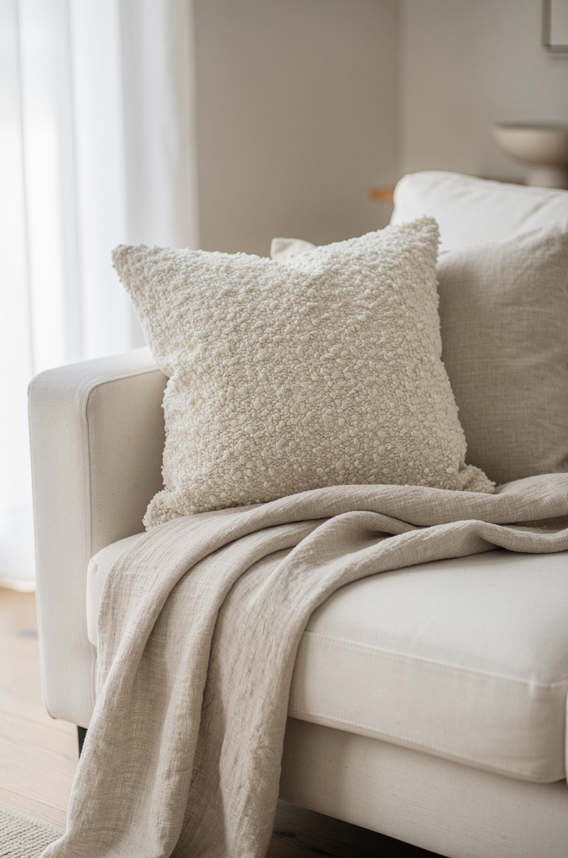 Ivory bouclé textured throw pillow on a cream sofa with linen throw blanket, natural minimal interior, soft diffused daylight, shallow DOF editorial photography
