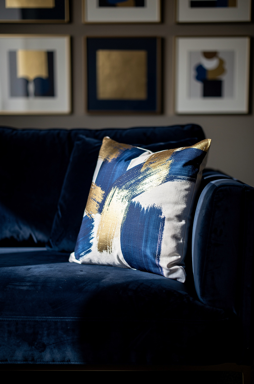 Blue and gold abstract art printed throw pillow on a navy velvet sofa, gallery wall visible in background, dramatic side lighting, editorial interior design photography