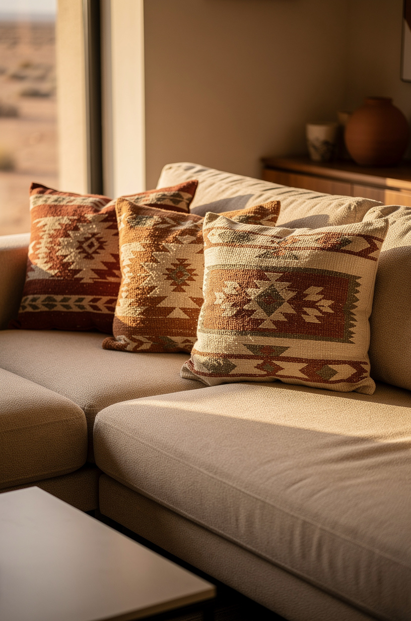 Four southwestern earth tone patterned throw pillows arranged on a warm-toned sectional sofa, terracotta and cream palette, desert modern interior, golden afternoon light