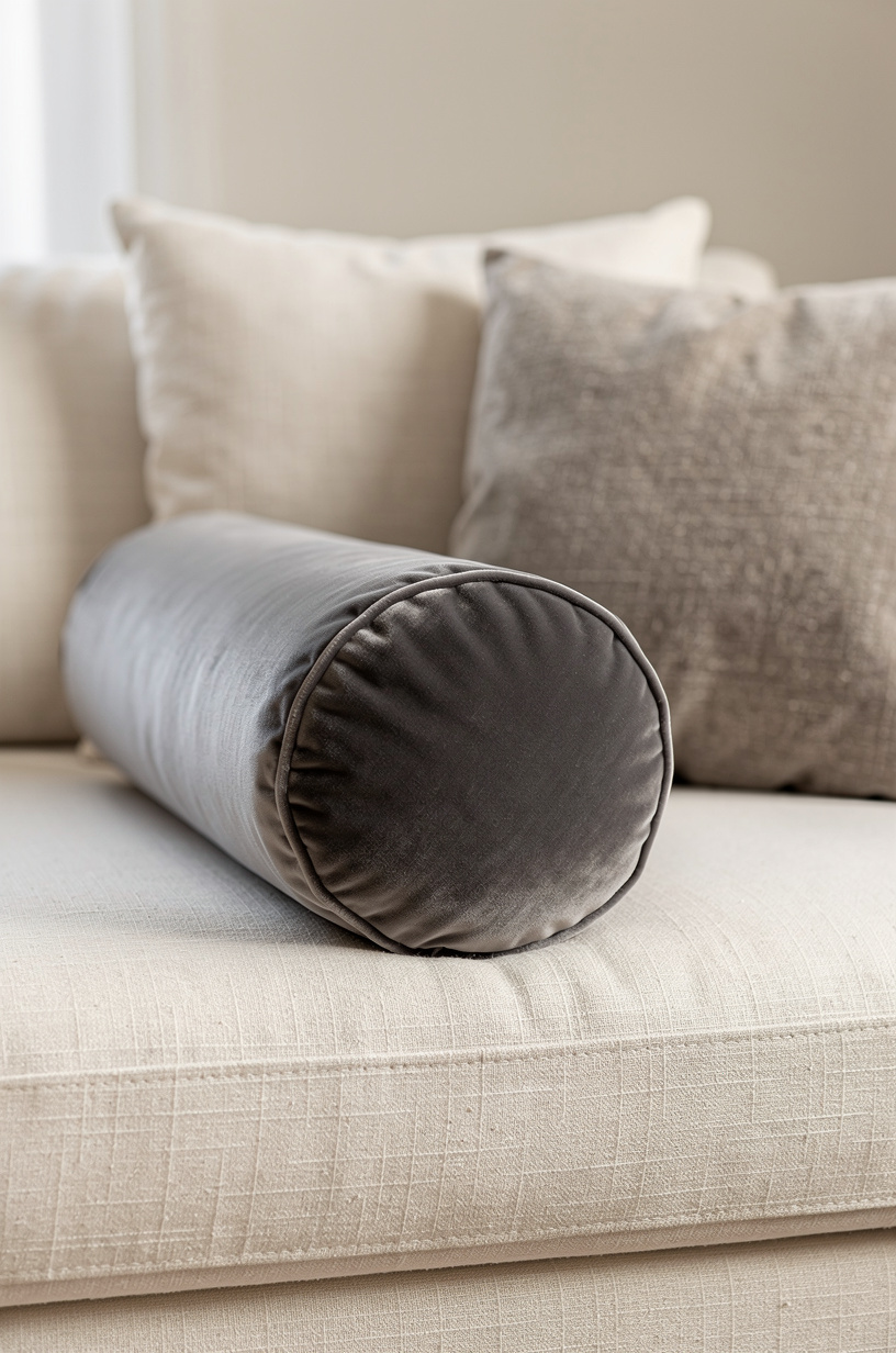 Gray velvet round cylinder bolster pillow on a cream linen sofa, layered in front of larger square pillows, sculptural decorative shape, soft natural light