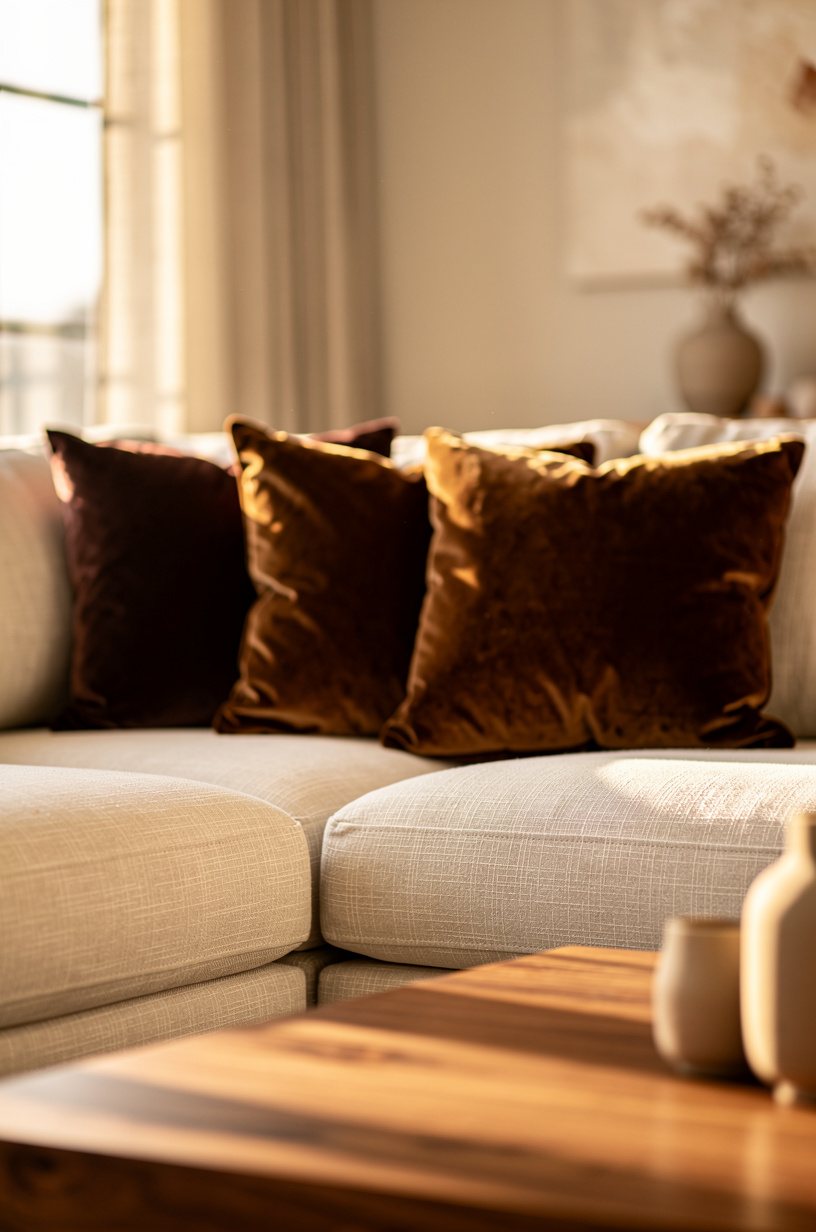Chocolate brown velvet throw pillows on a cream linen sectional sofa, warm wood coffee table nearby, cozy living room, golden hour natural light, editorial photography