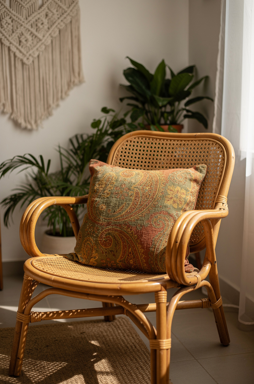 Vintage paisley pattern throw pillow in earthy muted tones on a rattan chair, bohemian living room styling, macramé wall hanging nearby, warm natural light