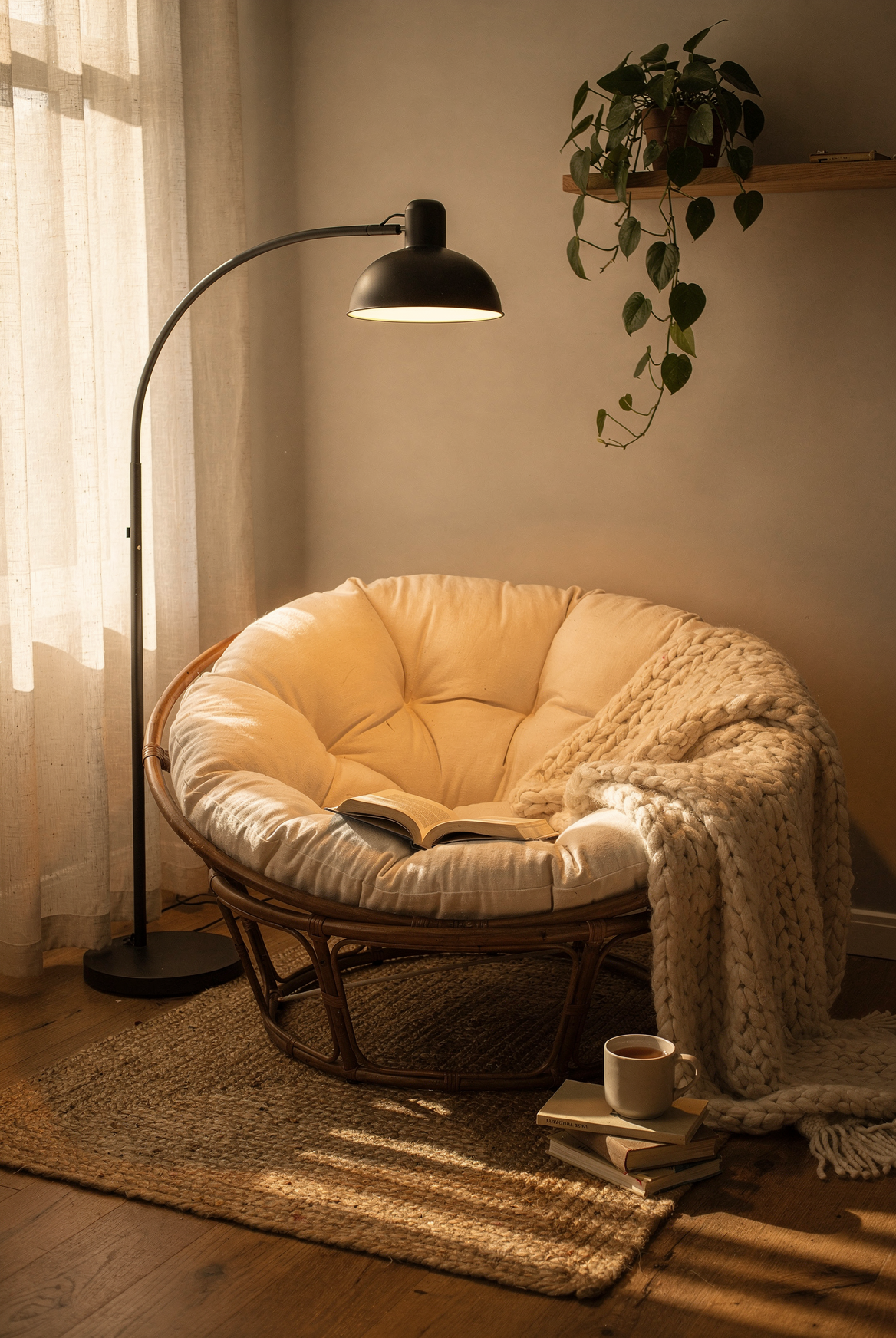 Papasan chair reading nook with arc lamp and jute rug