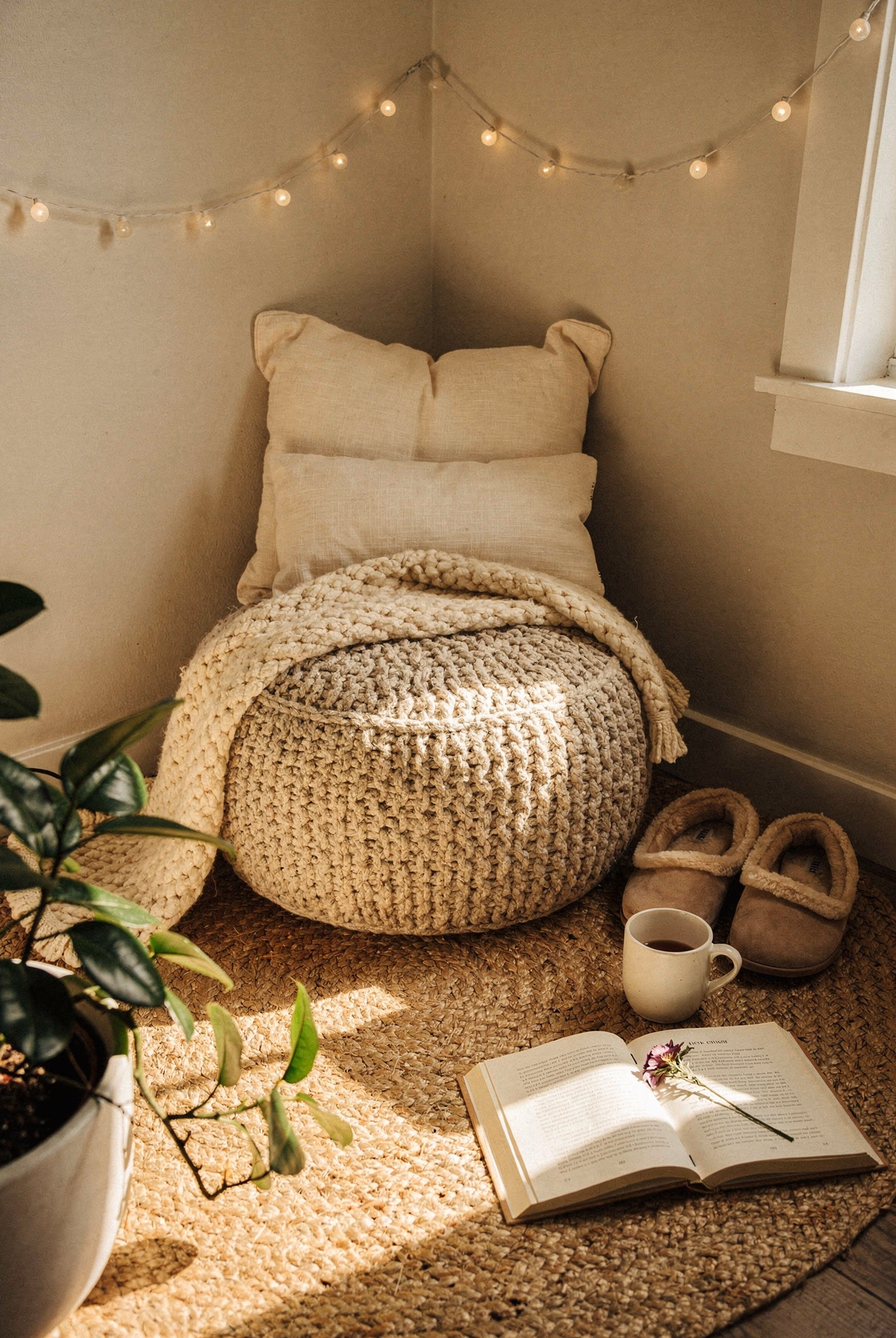Cotton knit pouf with reading pillow and warm string lights in cozy corner