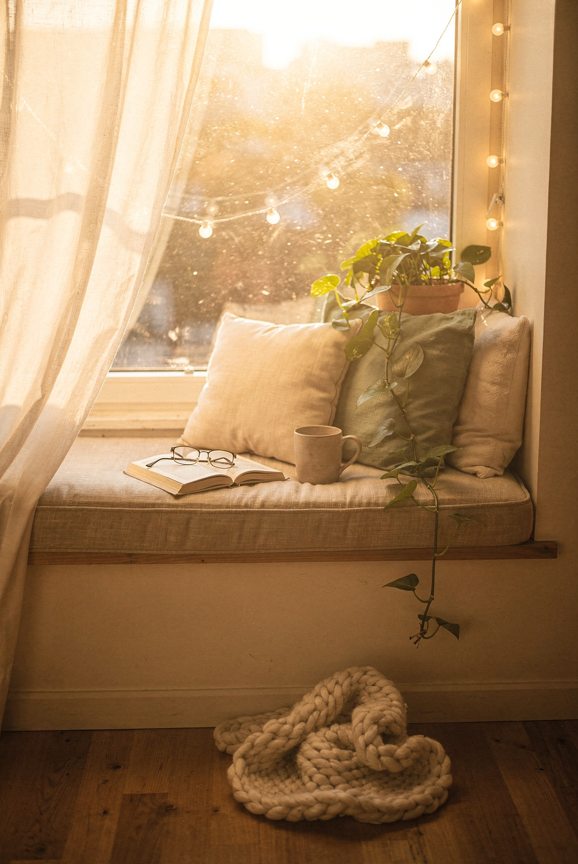 Window seat reading nook with cushion, string lights and linen pillows
