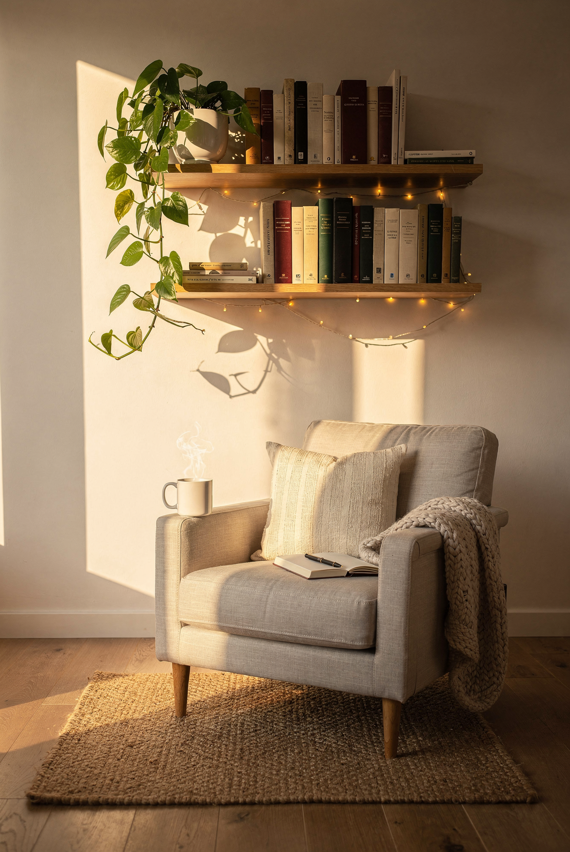 Floating shelves with books above a cozy accent chair and jute rug