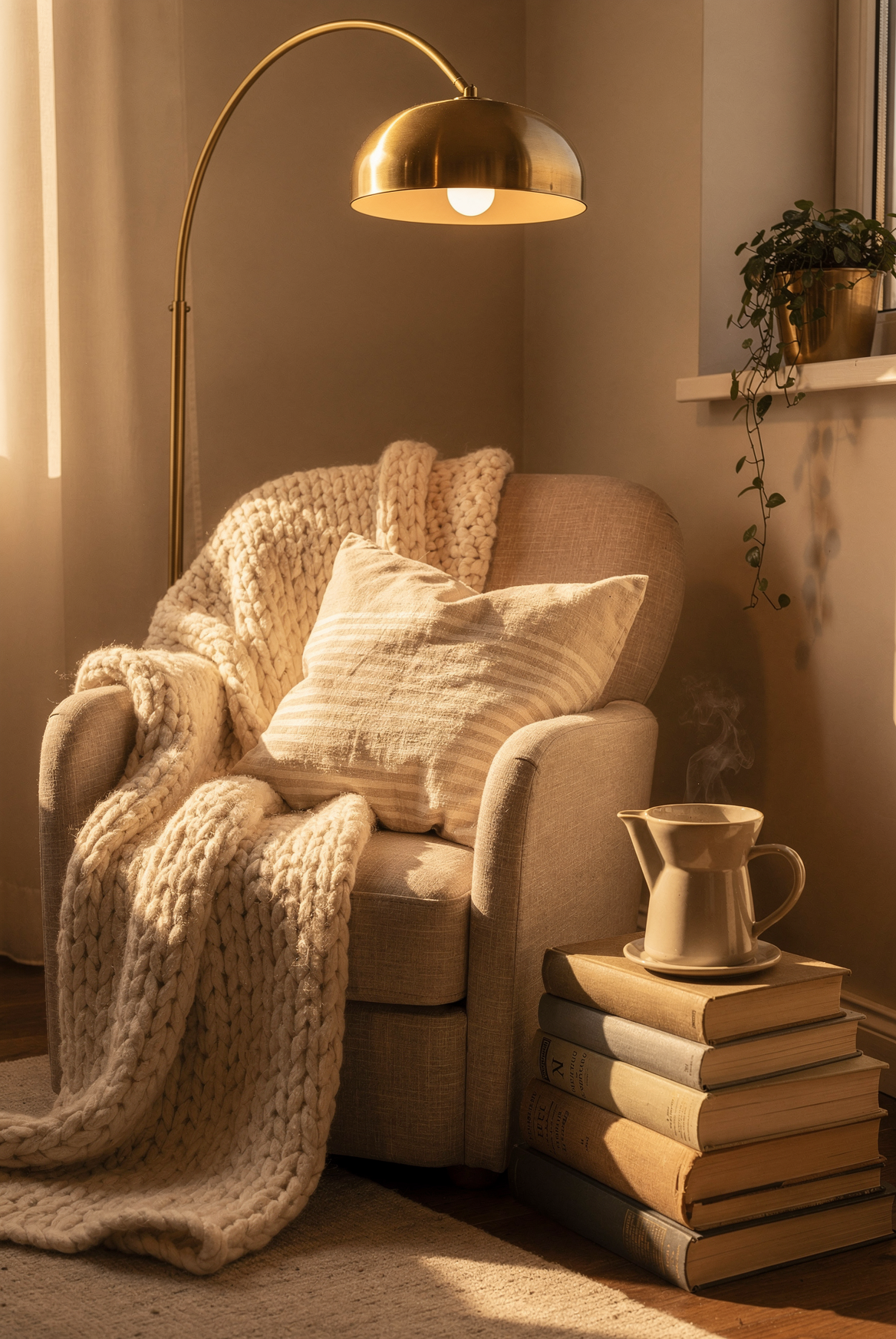Cream armchair with chunky knit throw and brass arc lamp for reading