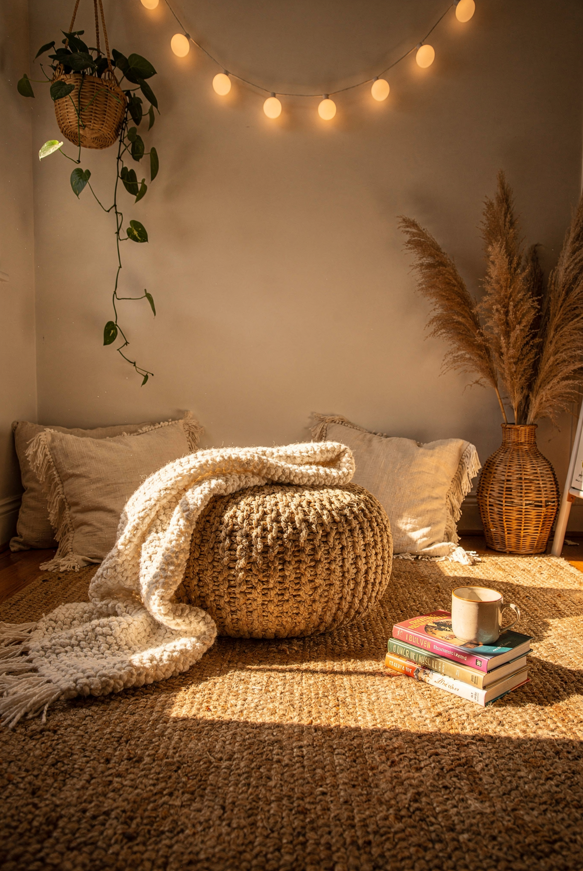 Boho reading nook with cotton braided pouf, floor pillows, and warm string lights