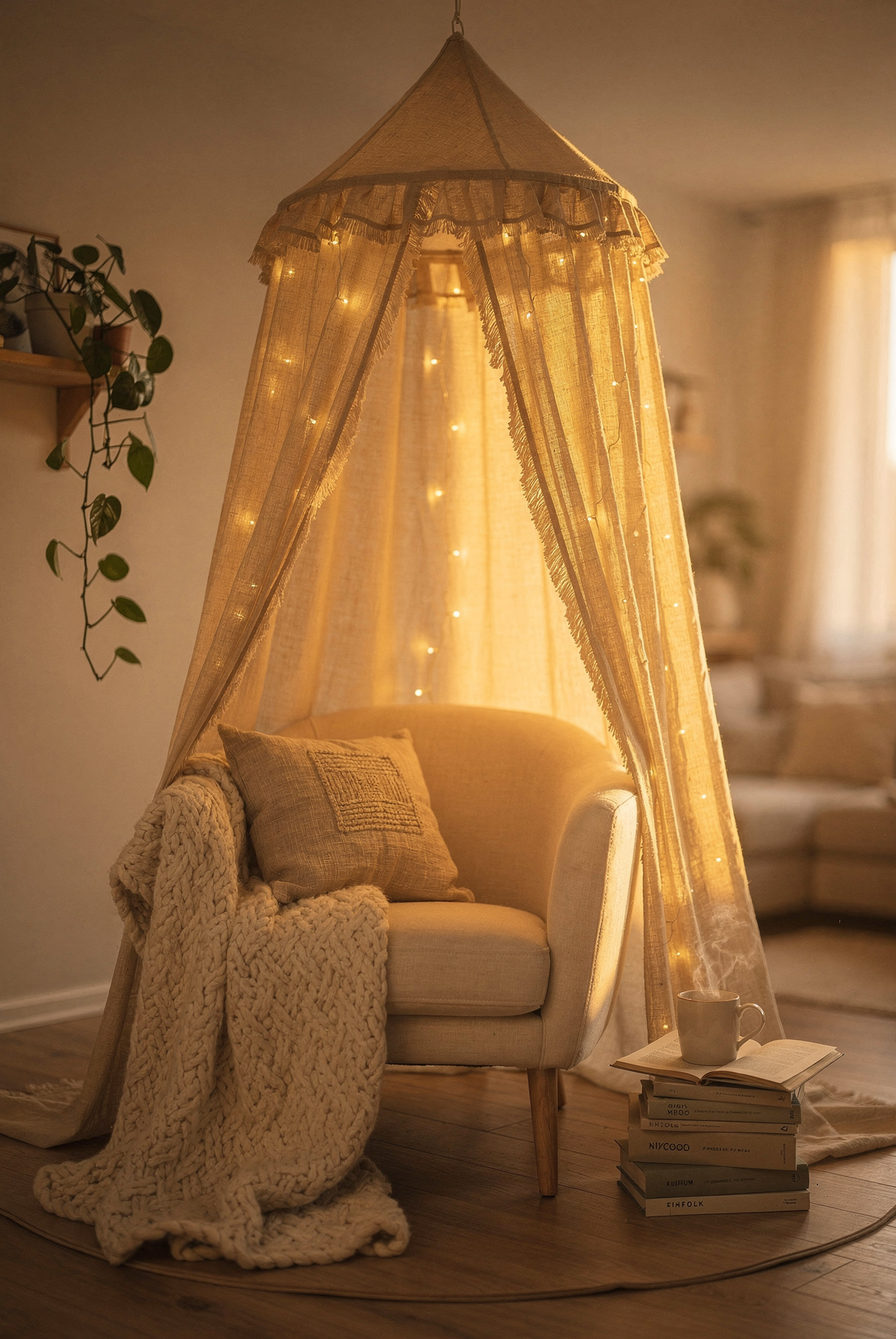 Dreamy canopy reading nook with fairy lights and chunky throw blanket