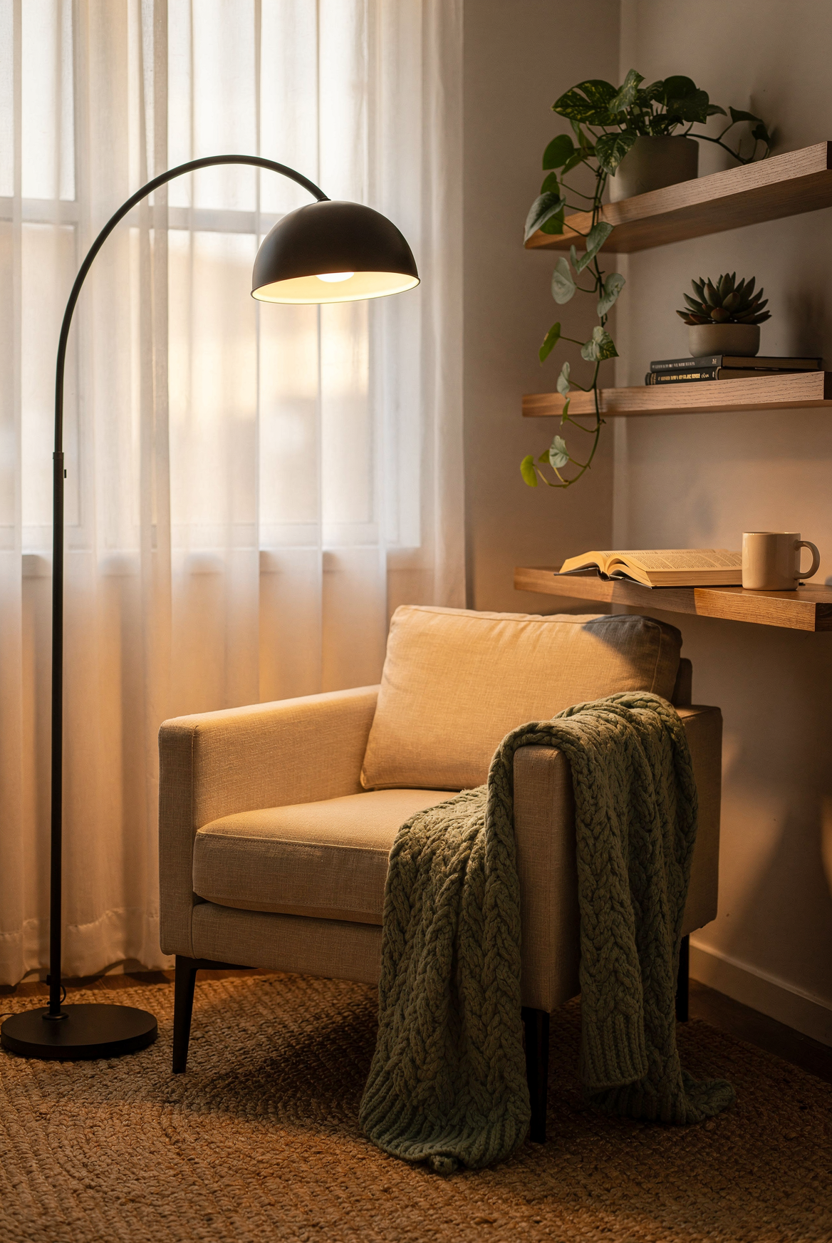 Focus reading nook with arc lamp, sage throw, and floating shelf at arm's reach