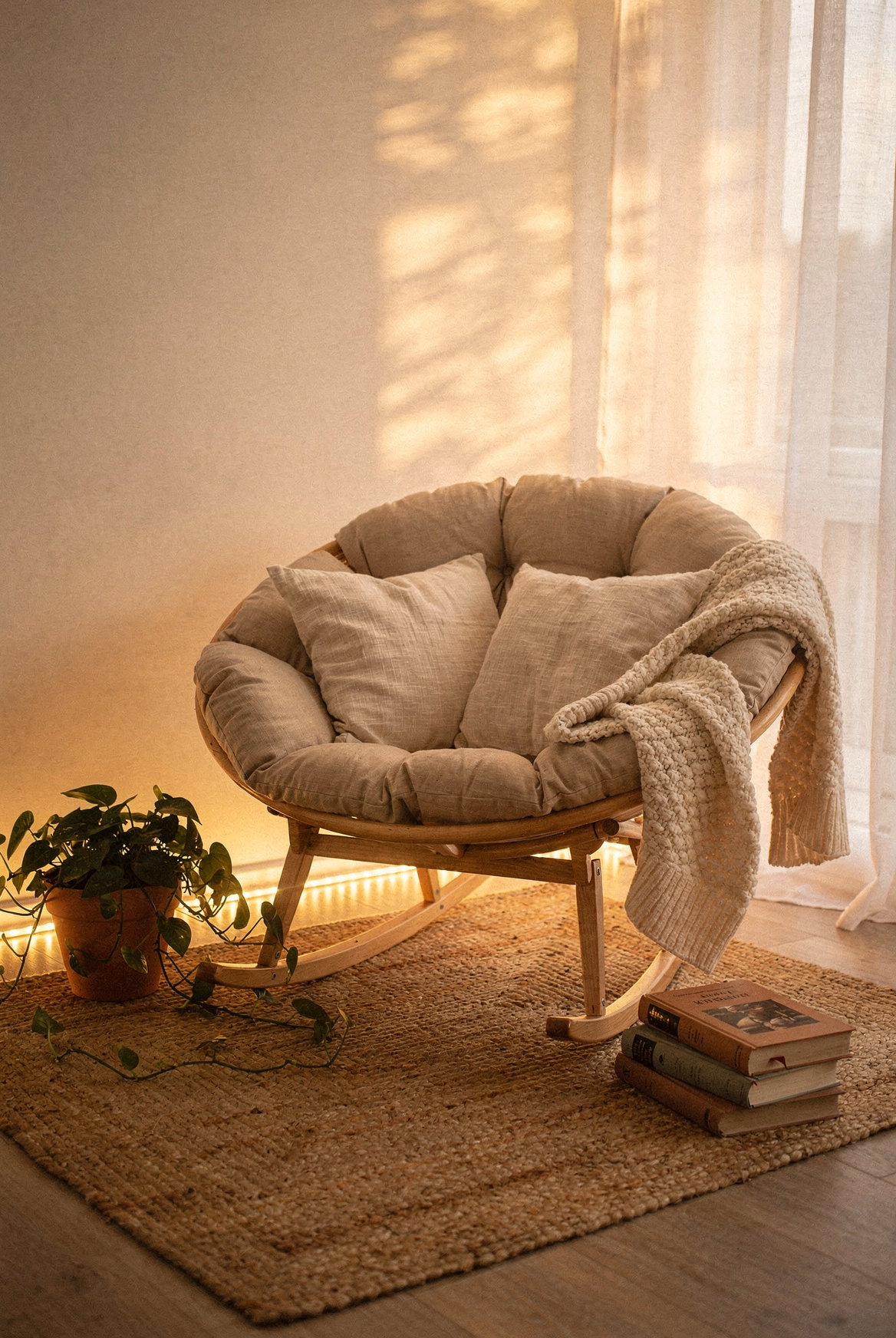 Papasan rocking chair on jute rug with warm baseboard string lights