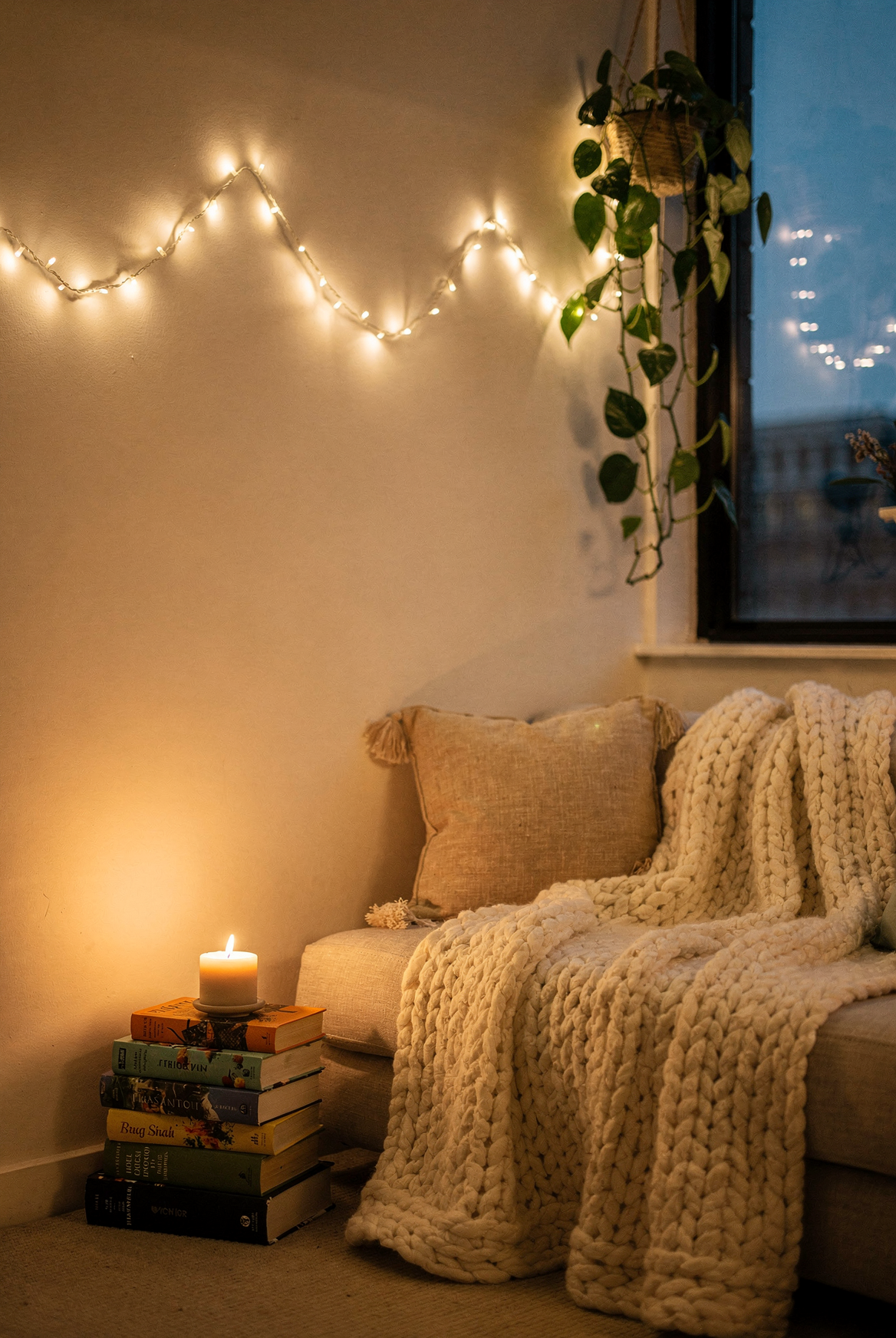 Cozy reading corner with zigzag string lights, cream throw, and stacked books