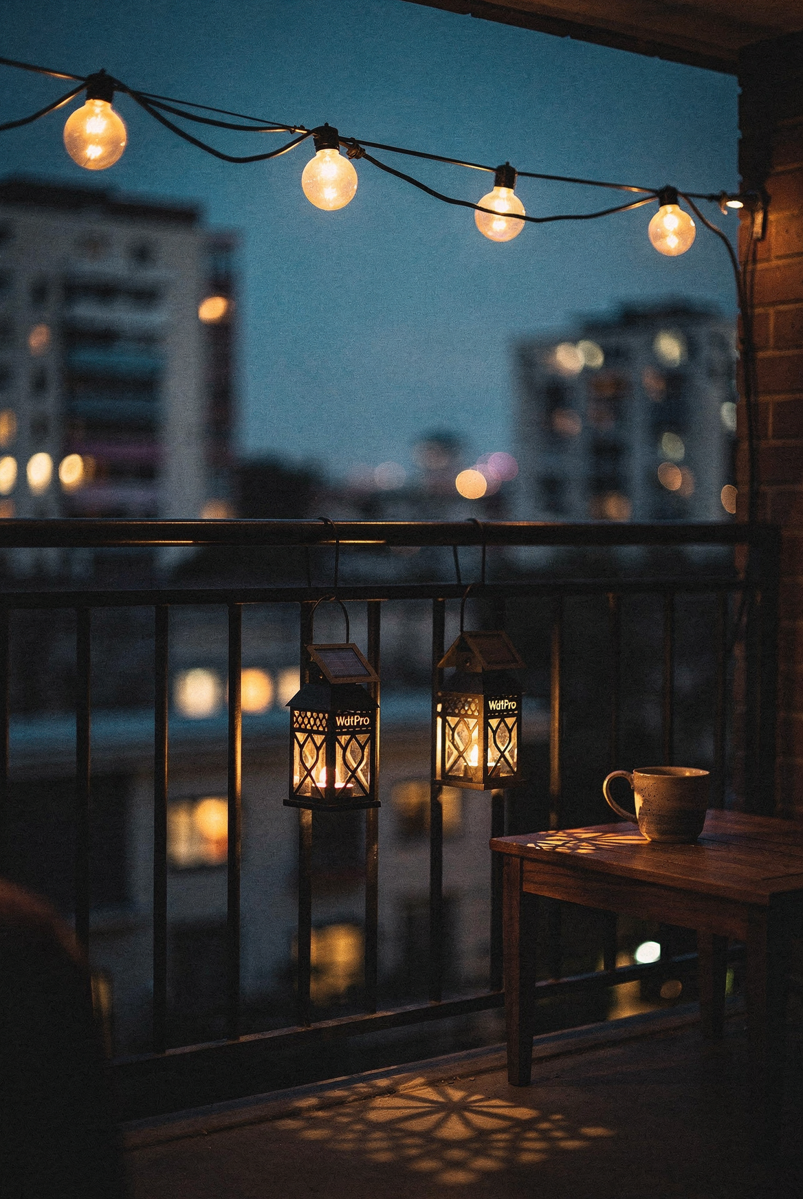 Apartment balcony at dusk, JMEXSUSS warm white globe string lights zigzag overhead, WdtPro metal solar lanterns hanging from railing casting amber pools of light, city evening glow behind