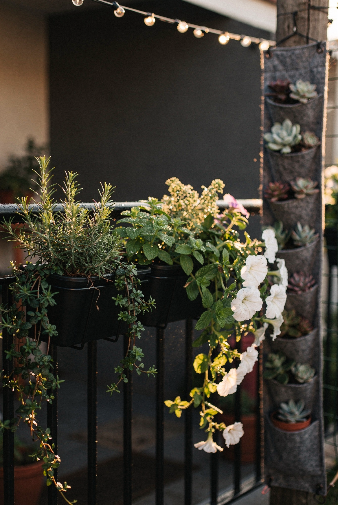 Holensun black metal over-railing planter boxes with trailing herbs and white petunias, MEIWO grey felt vertical pocket planter with succulents hanging on fence post, morning sidelight