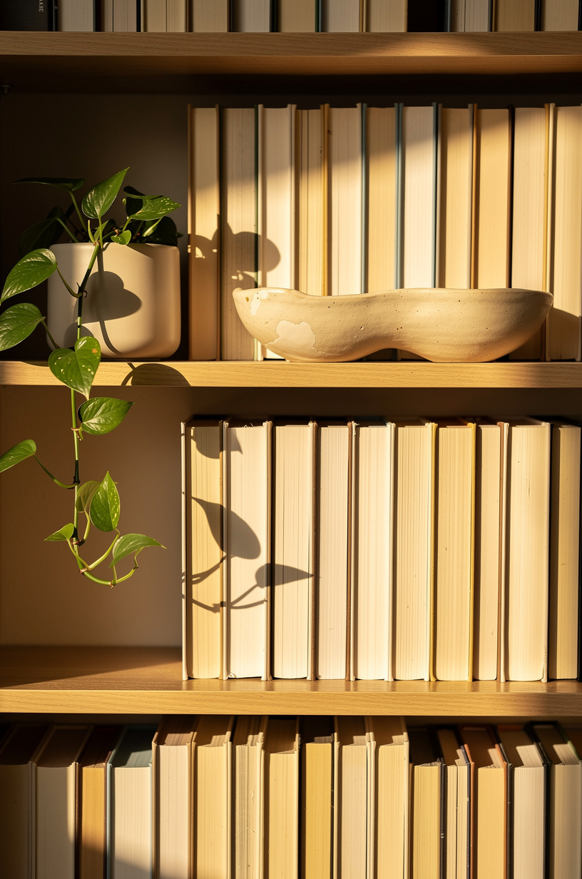 Artfully styled bookshelf with books pages-facing-outward and pothos plant