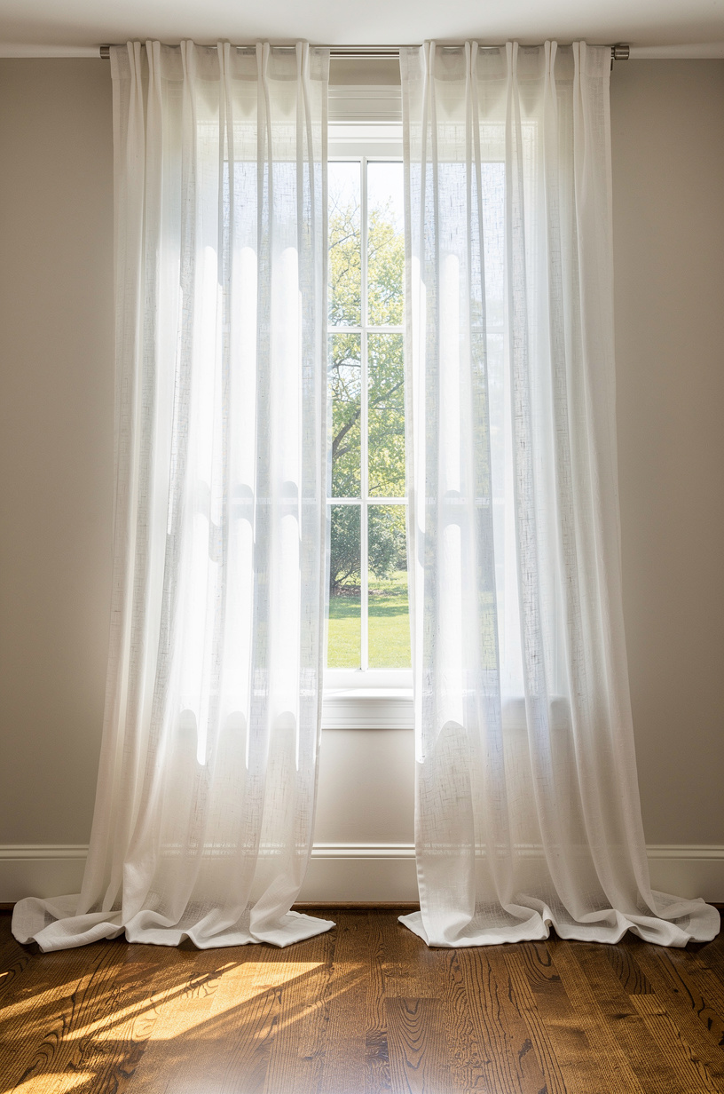 Floor-to-ceiling warm ivory linen curtain panels in a bright room, panels pooling softly on hardwood floors, warm golden light filtering through the fabric