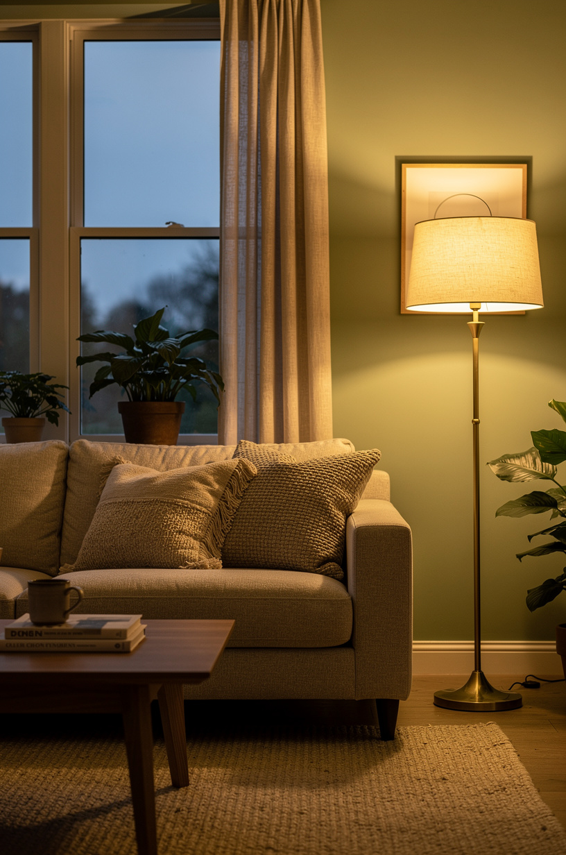 Cozy living room corner at golden dusk, warm amber arc floor lamp glow over a linen armchair with cream throw blanket, dusky blue sky in the window behind