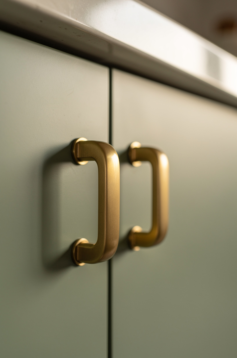 Close-up of sage green cabinet drawer fronts with brushed brass bar pulls, warm afternoon side light catching the brushed gold finish, fresh eucalyptus at the base
