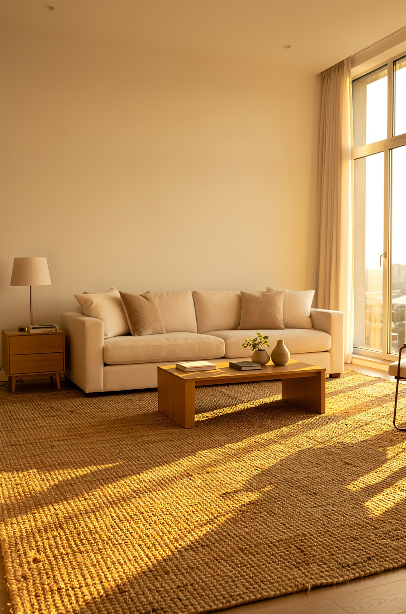 Bright spring living room viewed from above, natural jute area rug with sofa legs resting on it, styled coffee table with ceramic tray and dried botanicals, morning golden light