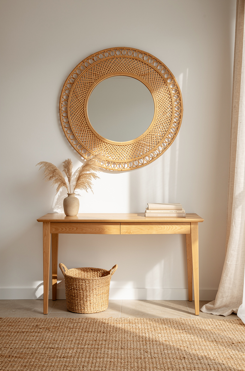 Round rattan mirror above a slim wood console table, organic ceramic vase with dried cotton stems below, warm afternoon light creating a soft room reflection in the glass
