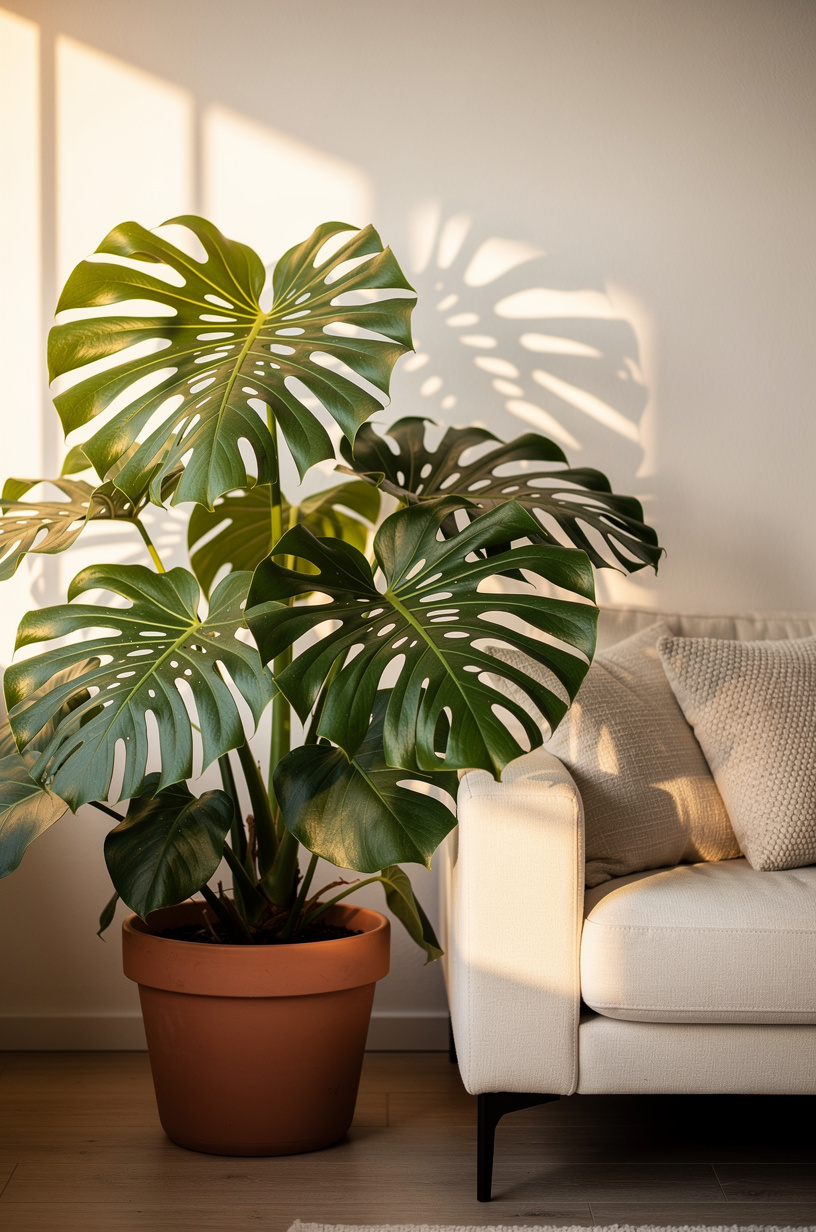 Large monstera plant with dramatic tropical leaves in terracotta pot beside cream sofa