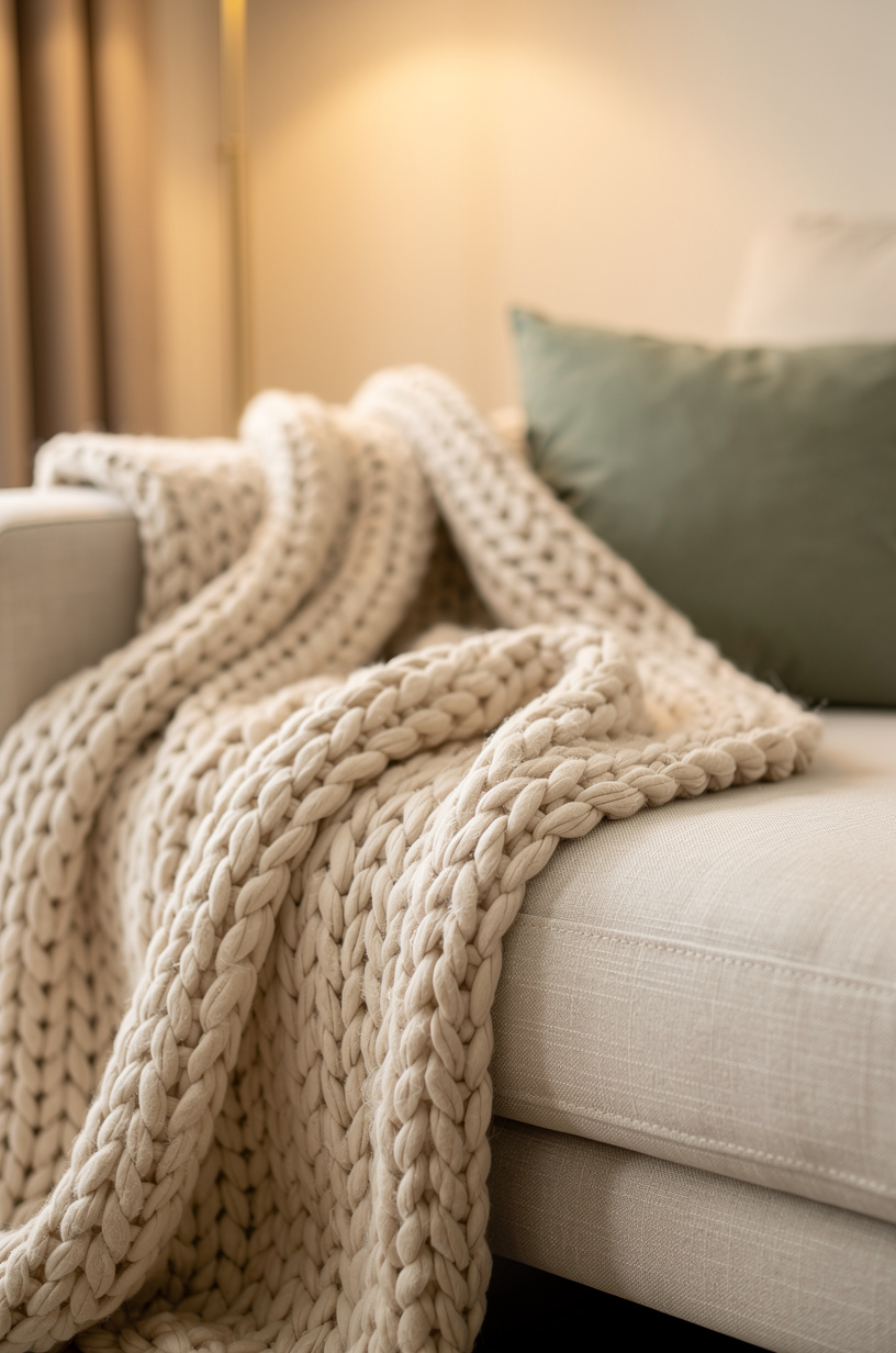 Cream chunky knit throw on cream sofa with sage green pillow