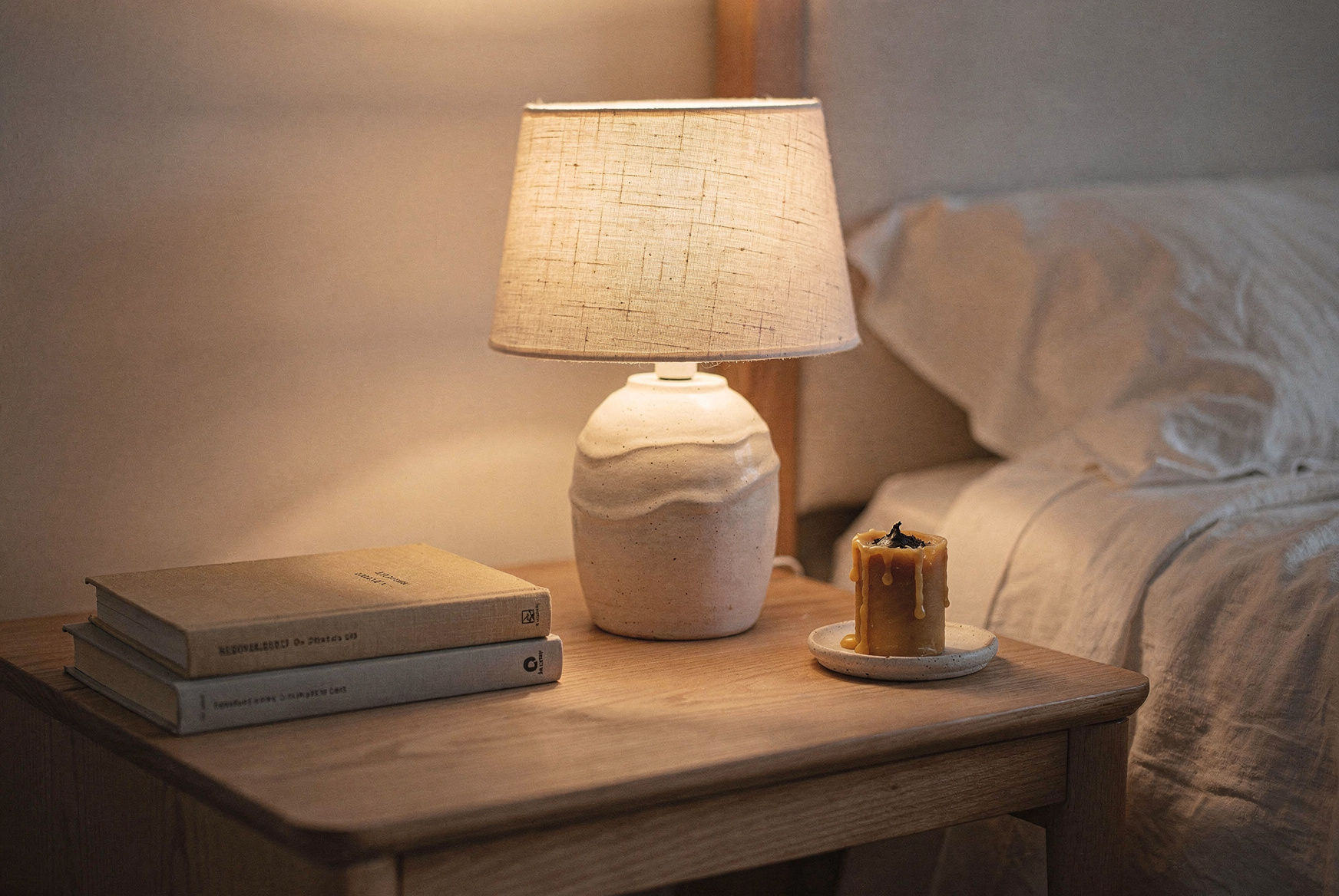 Minimal ceramic table lamp with natural linen shade on a simple wooden nightstand, warm ambient glow at dusk, a small stack of books and a water glass beside it, shallow depth of field, editorial interior photography