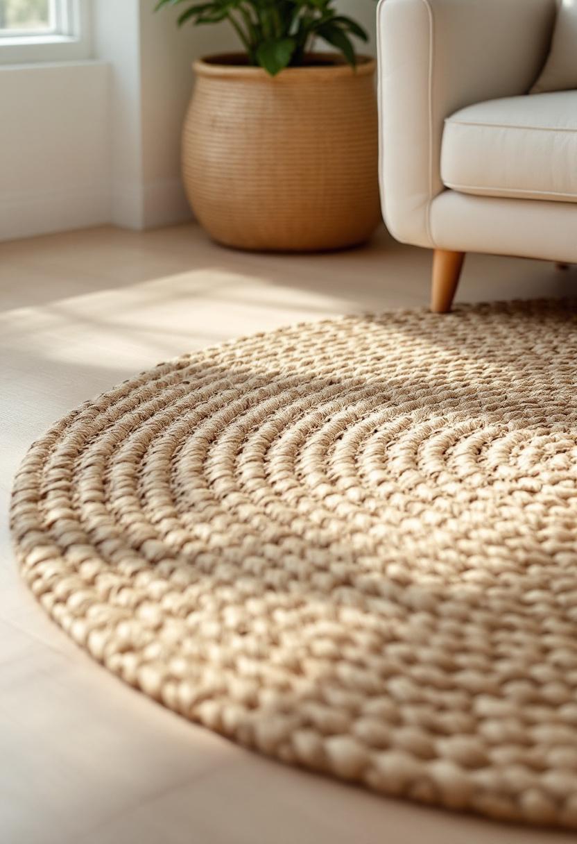 A natural undyed jute area rug on a light wood floor, neutral linen sofa above it, navy throw pillows visible, coastal living room with morning light, editorial interior photography