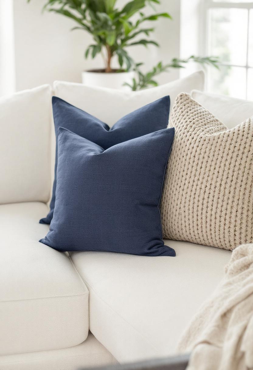 Navy blue linen throw pillows layered on a cream sofa with a chunky knit beige pillow, natural light, coastal neutral living room, editorial lifestyle photography