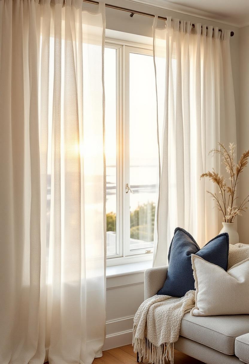 White sheer linen curtains filtering golden afternoon light onto a wooden floor, navy pillow on sofa visible, coastal living room atmosphere, editorial interior photography