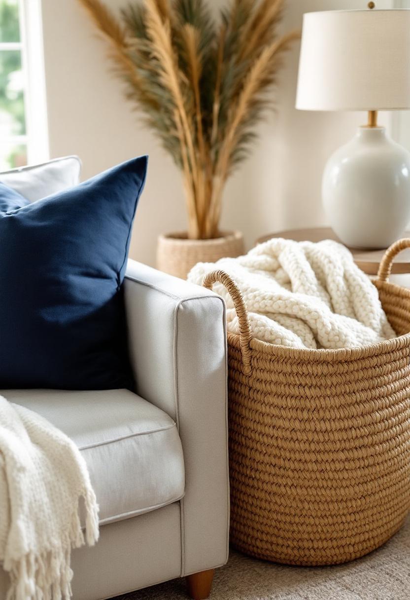 A large woven seagrass basket with cream throw blankets beside a neutral sofa, navy pillow visible, natural light, coastal living room, editorial interior photography