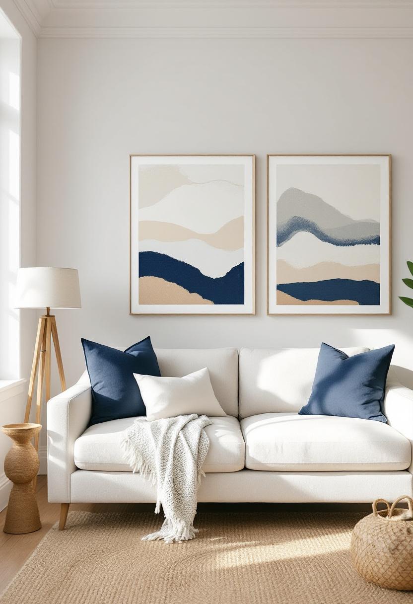 Three coastal abstract art prints in navy, cream and sand tones framed in white, arranged above a cream sofa with navy pillows, coastal living room, editorial interior