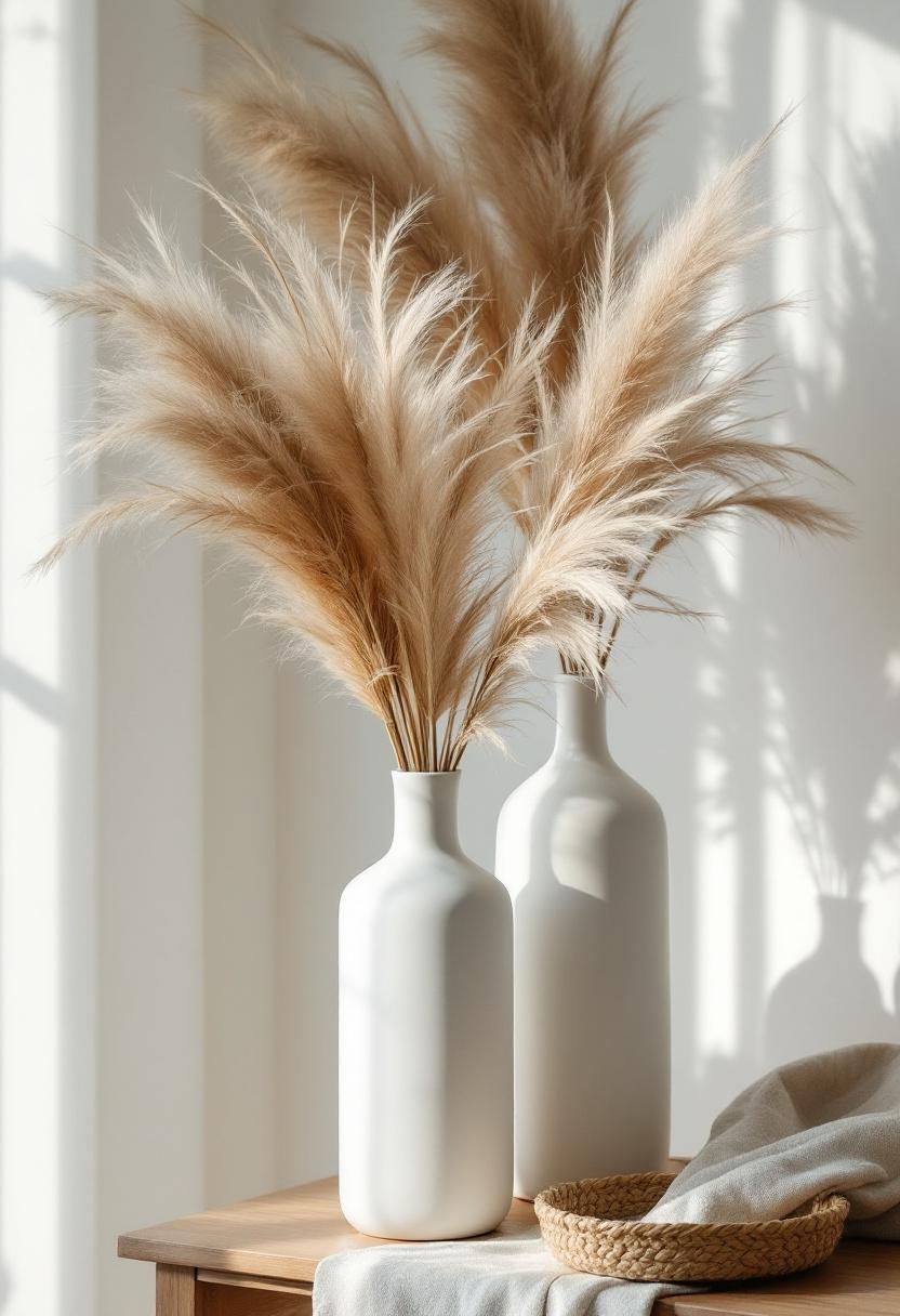White matte ceramic vases in different heights with dried pampas grass and bunny tails on a wooden console table, coastal neutral living room, soft afternoon light, editorial interior photography