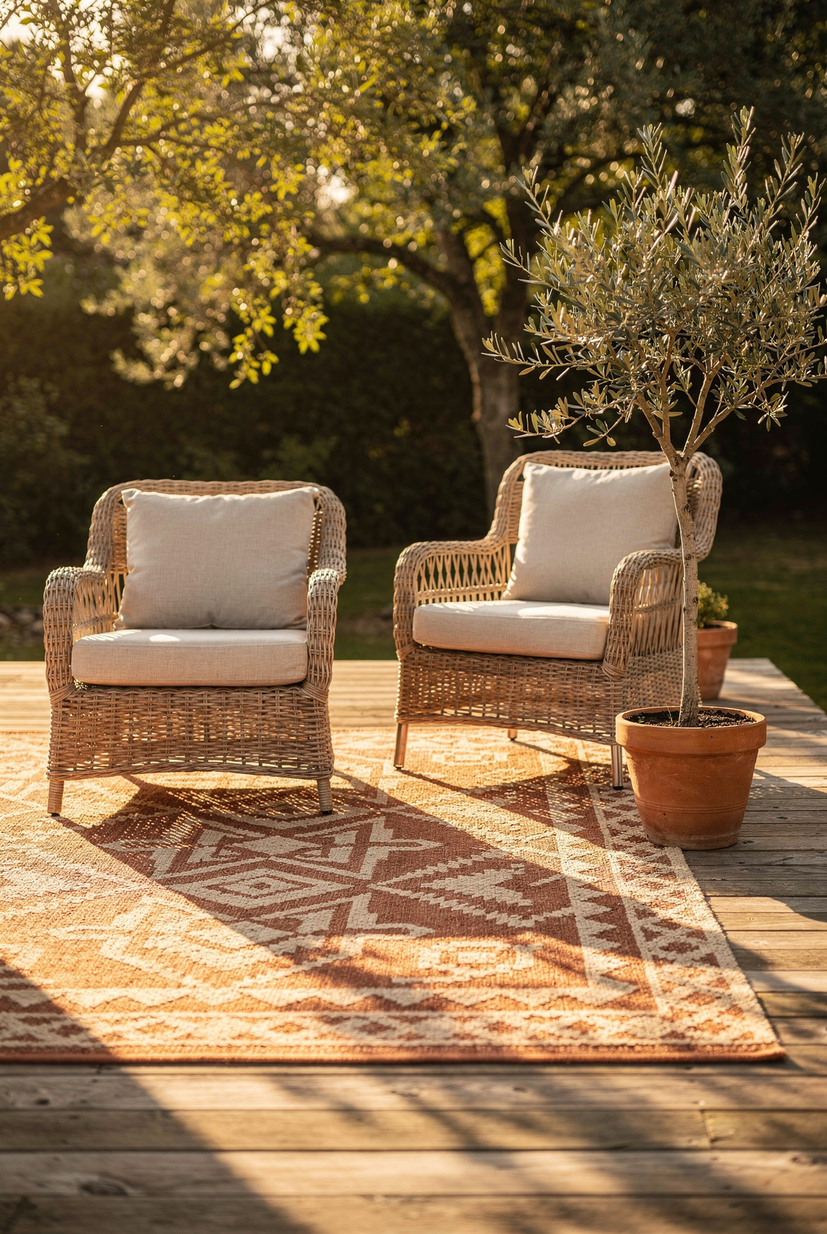 A large outdoor rug in terracotta and cream geometric pattern on a wooden deck, two wicker armchairs placed on it, potted olive tree beside, late afternoon golden light, warm summer outdoor scene