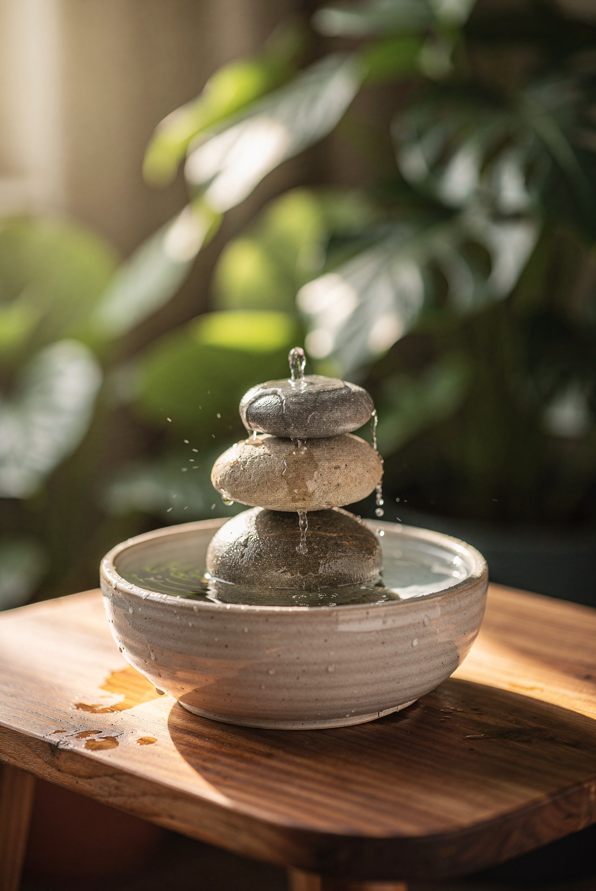 A small ceramic tabletop water fountain on a wooden side table, water trickling over stacked stones, lush green plants in the background, soft summer light, peaceful garden detail
