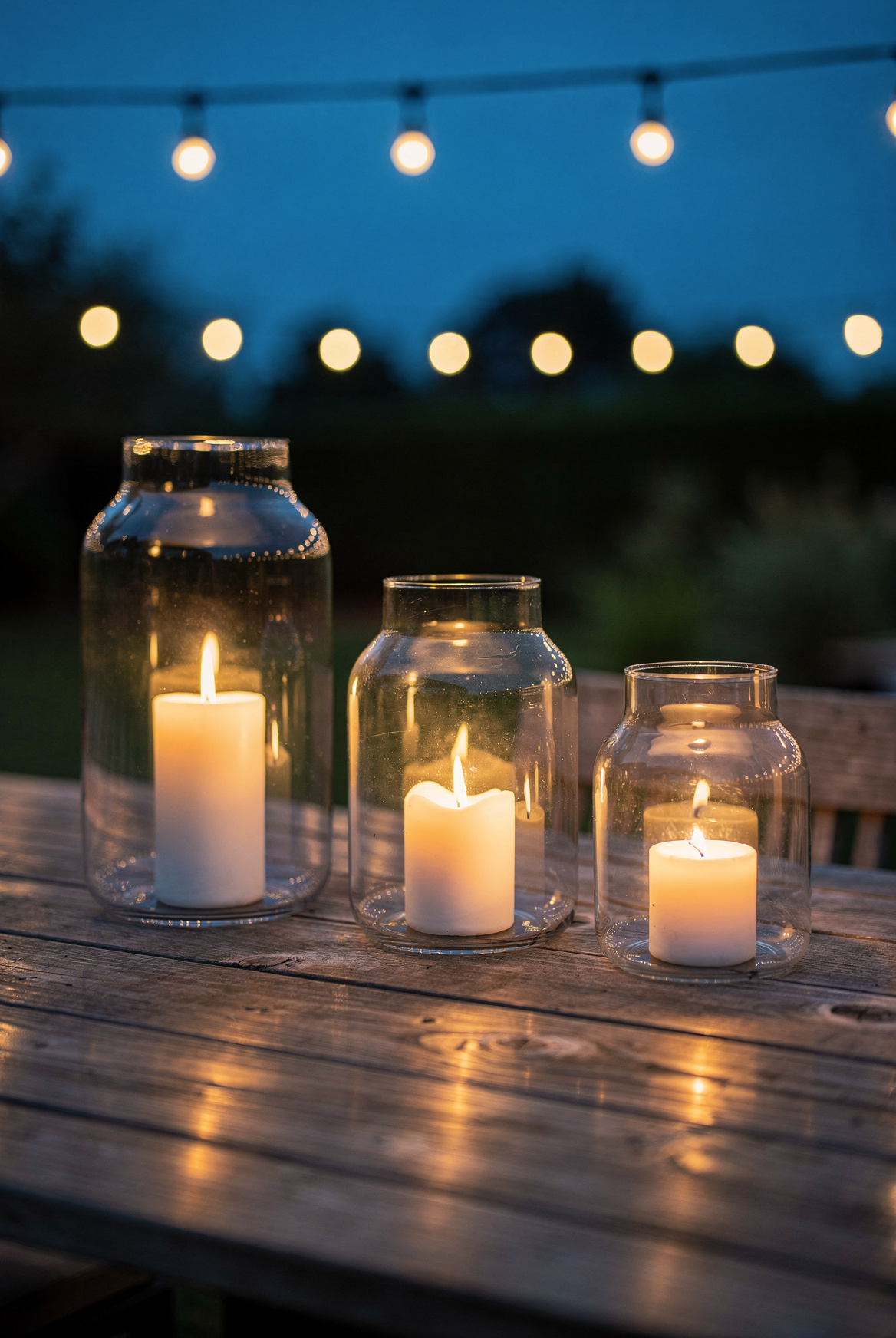 Three glass candle lanterns in graduated sizes arranged on a wooden outdoor table, warm flame glow visible inside, dusk setting with string lights overhead, cozy outdoor entertaining