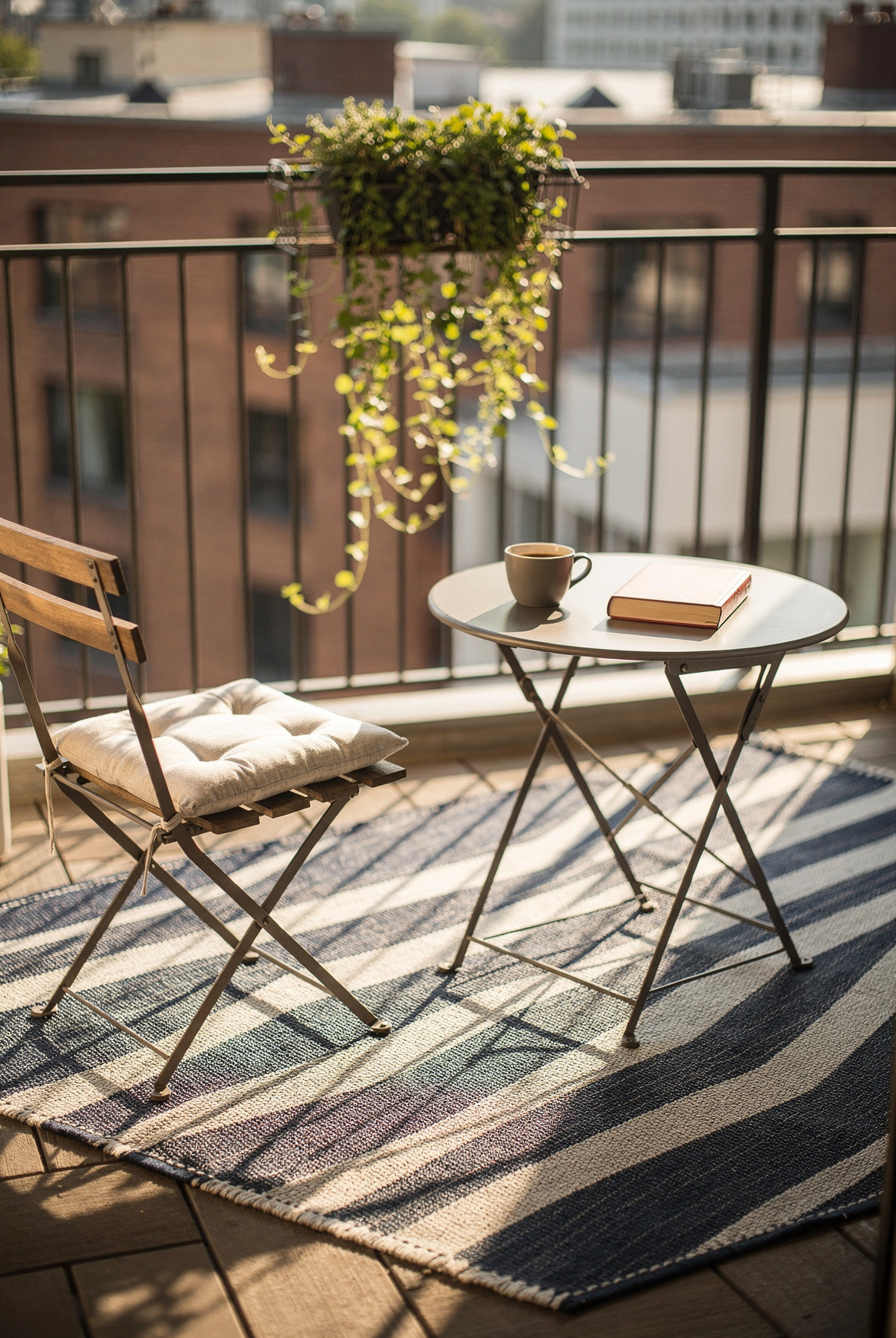 A 3x5 navy and white striped outdoor rug on a small apartment balcony, one bistro chair and a small round table on it, a trailing plant on the railing, sunny summer morning