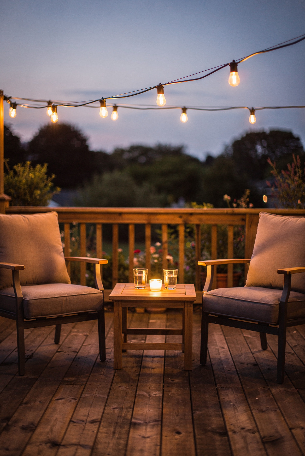 Warm Edison-style string lights zigzagged above a small wooden patio, two armchairs and a side table below, dusk light, string lights glowing golden amber, cozy outdoor evening setting