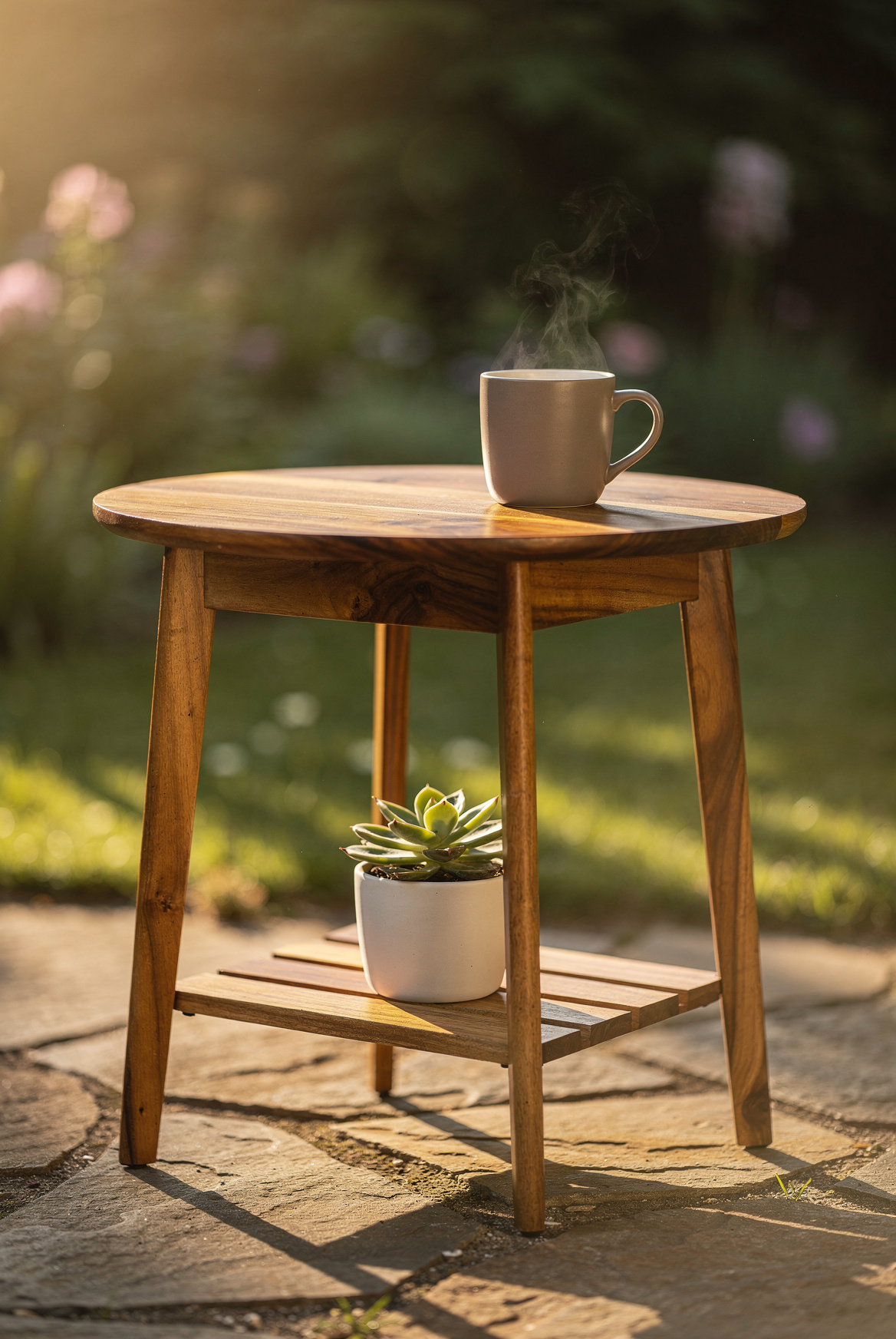 A small acacia wood outdoor side table with a lower shelf holding a small potted succulent, a ceramic mug on top, warm afternoon sun, natural garden setting
