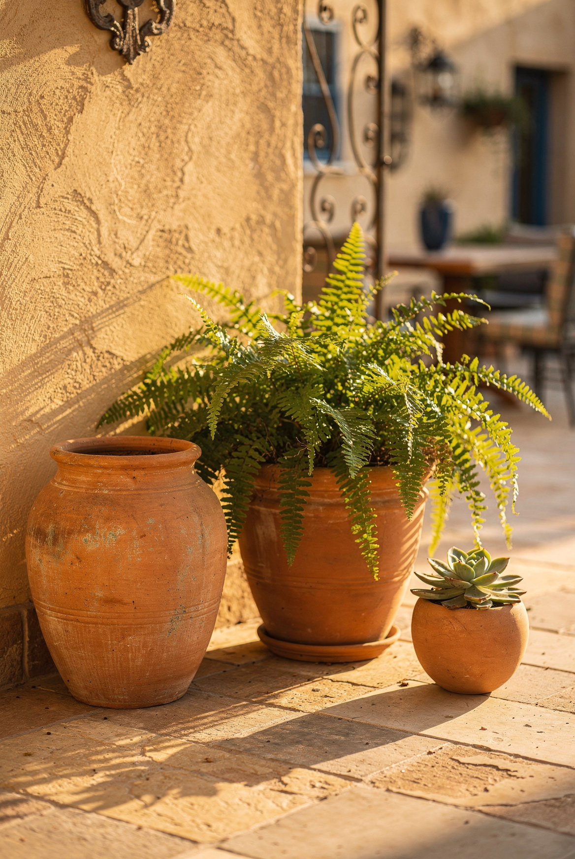 Three ceramic planters in graduated sizes on a patio corner: large floor urn in warm terracotta, medium pot with a fern, small succulent pot, late afternoon sunlight, Mediterranean outdoor decor