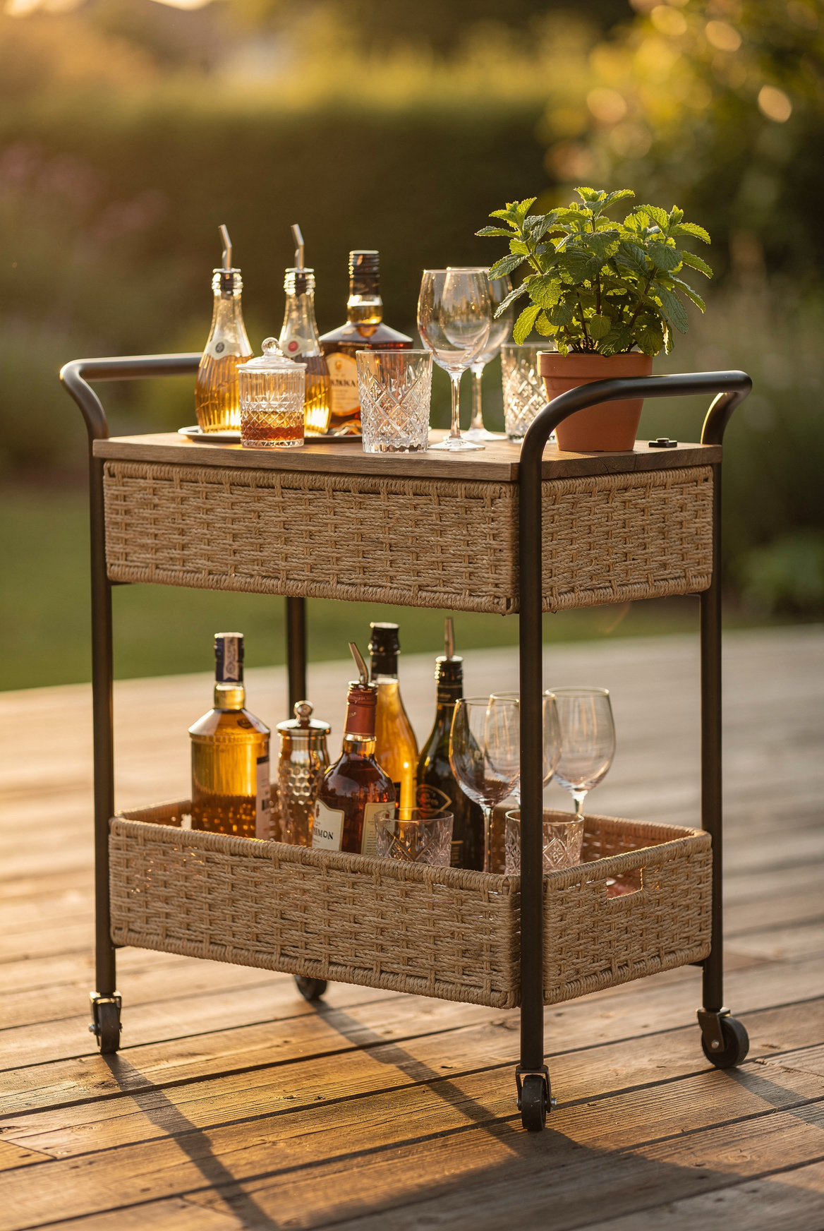 An outdoor bar cart on a wooden deck, two-tier metal and wicker design, holding bottles, glasses, and a small pot of mint on top, soft late afternoon light, summer entertaining setup
