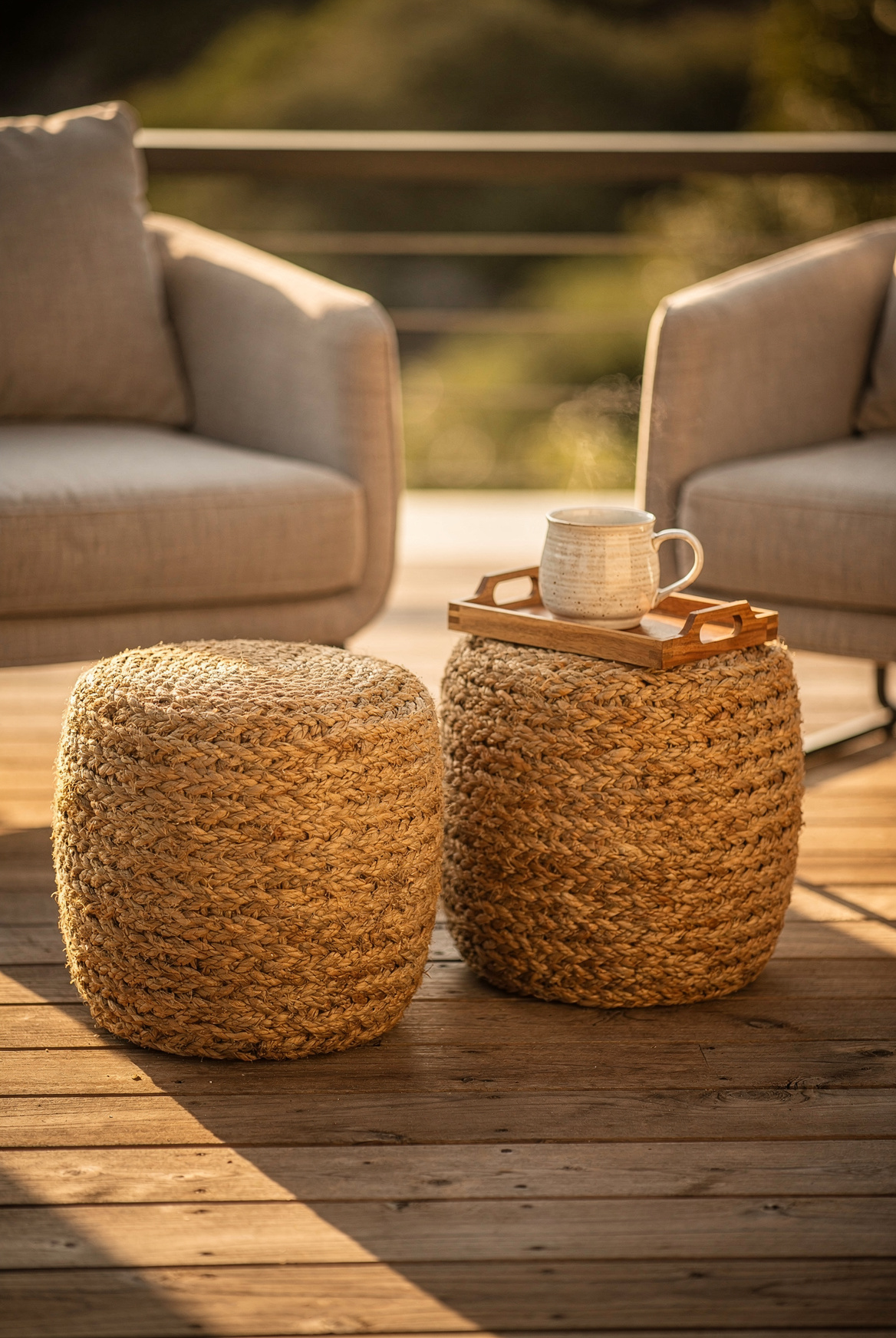 Two round woven rope ottomans between a pair of outdoor armchairs on a wooden deck, one with a small wooden tray holding a ceramic mug, warm afternoon light, textured outdoor decor