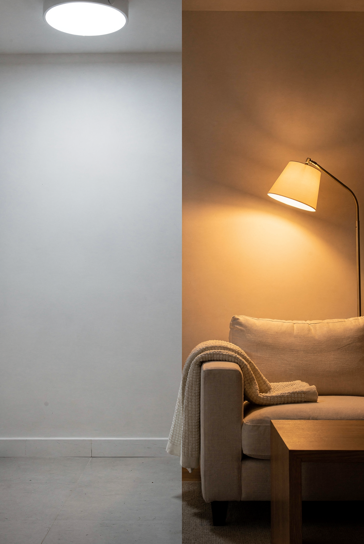 A split comparison: cold overhead lighting in an empty apartment corner vs. the same corner glowing warm with layered lamp light