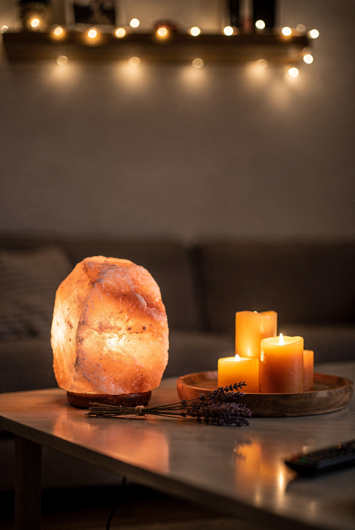 A Himalayan salt lamp glowing amber-pink on a coffee table, surrounded by three flameless pillar candles on a wood tray, warm white string lights draped along a floating shelf above, all other lights off