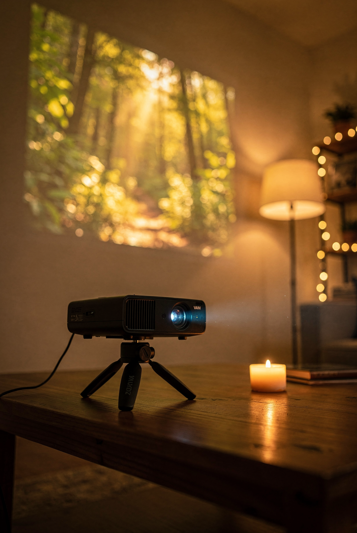 A VAN KYO compact mini projector on a tripod on a coffee table, projecting a warm cinematic forest scene onto a cream apartment wall, arc lamp glowing in corner, string lights visible on shelf, intimate evening atmosphere